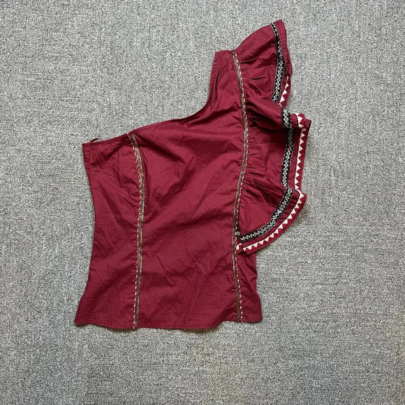LoveShackFancy One Shoulder Ruffle Sleeve Top Maroon Red Size 0 - X-Small - Picture 1 of 5